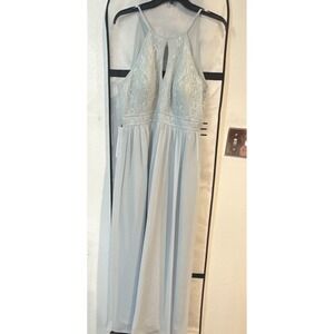 Women's Blue Floral Lace Sleeveless V-Neck Maxi Dress Empire Waist Tie Custom